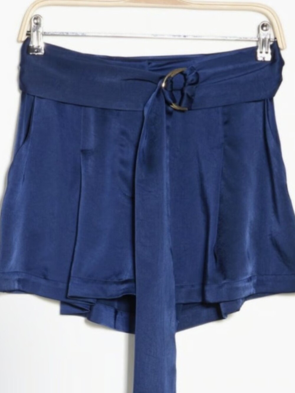 High-Waist Navy Belted Satin Shorts